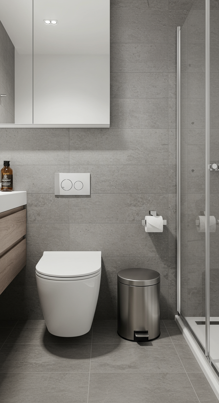 Moderne grijze badkamer met een RVS pedaalemmer naast het toilet.
