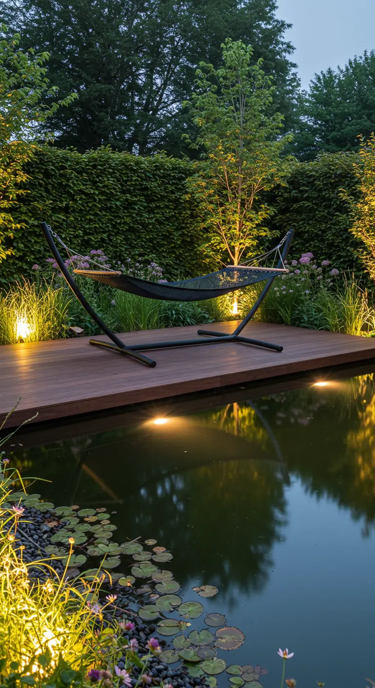 Donkere hangmat in standaard op houten vlonder naast een moderne vijver met waterlelies.
