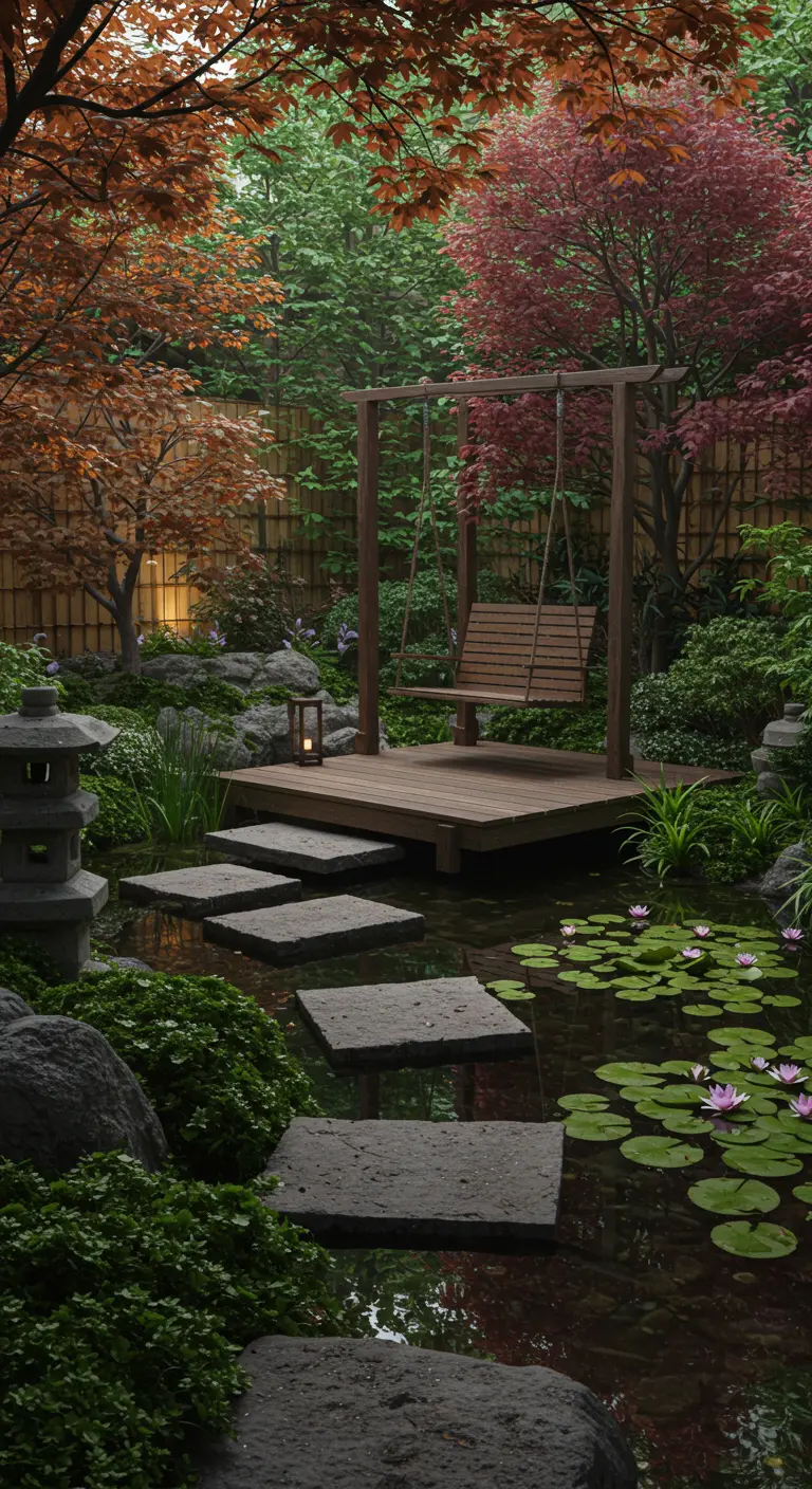 Houten schommelbank op vlonder bij een vijver met Japanse esdoorns.