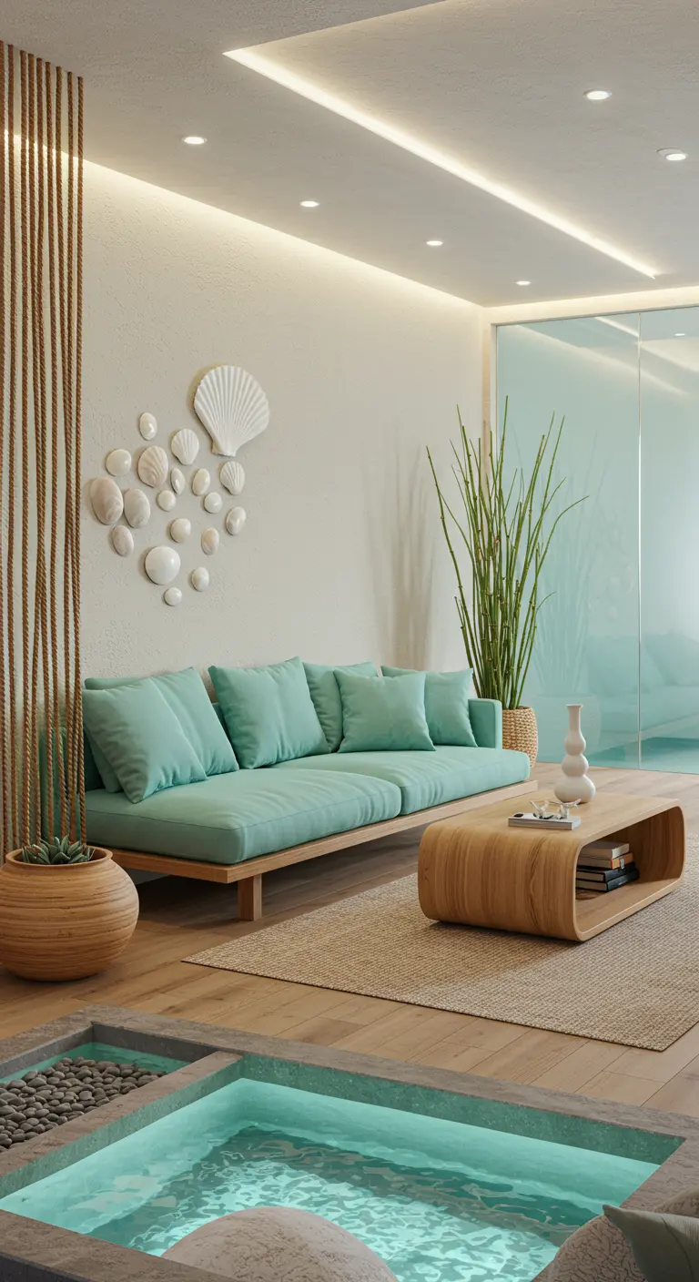 Zen woonkamer met mintgroene bank, touwmuur, schelpkunst en binnenwaterpartij.
