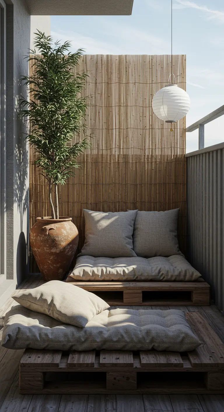 Laag palletbed op een balkon met zachte kussens, bamboe scherm en grote terracotta pot.