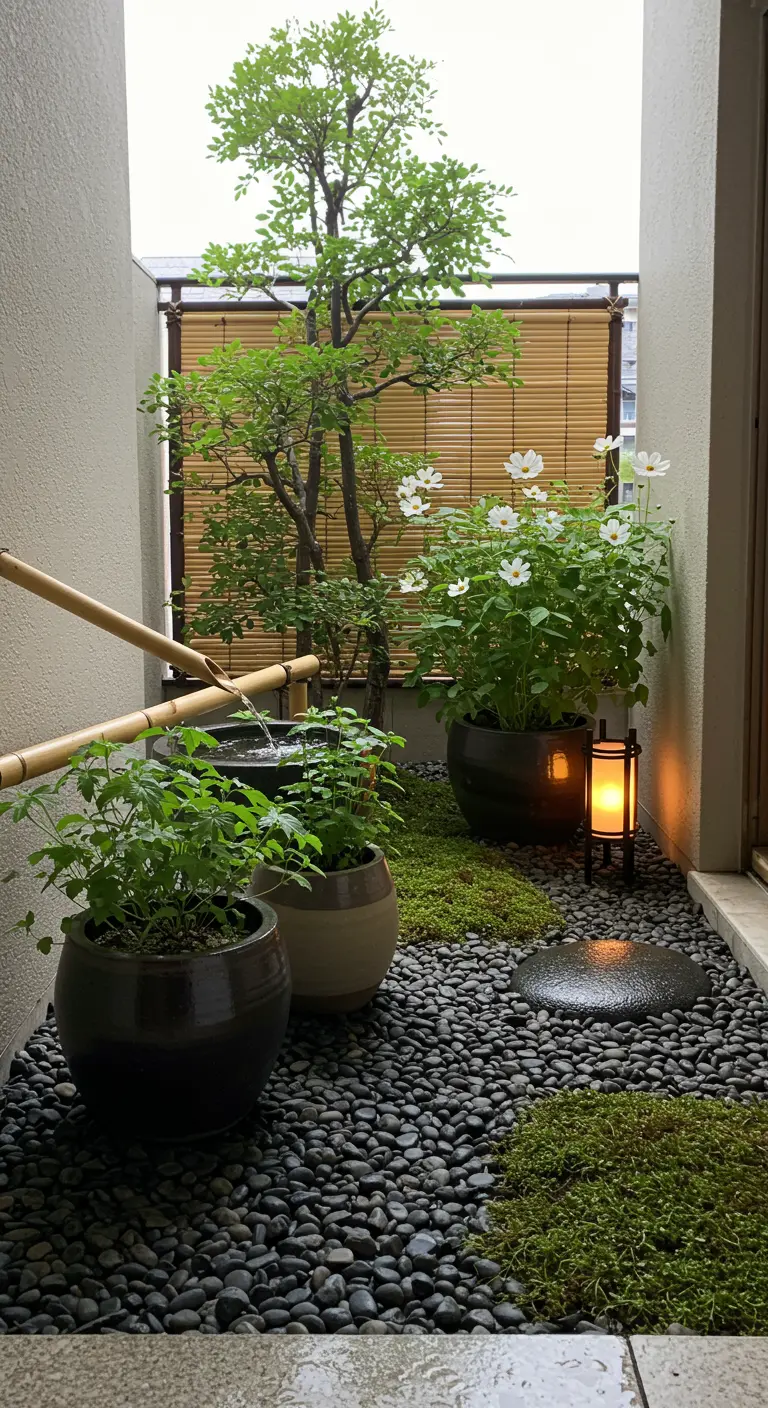 Japans geïnspireerd balkon met kiezelstenen, esdoorn, munt, witte cosmea en lantaarn.