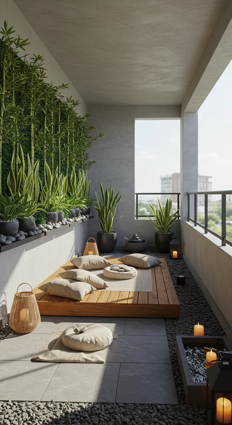 Zen-geïnspireerd balkon met een groene bamboe plantenwand, een grindtuin en lage zitkussens.