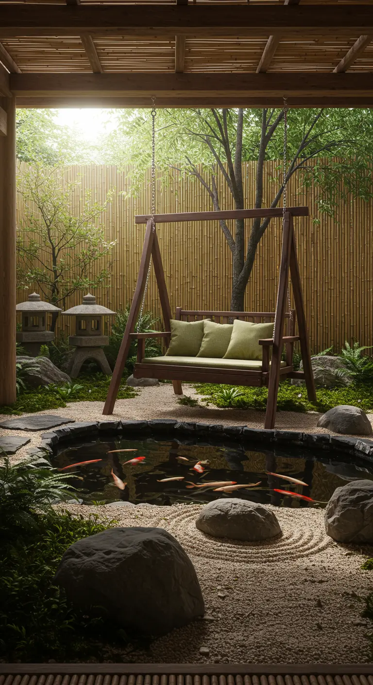Houten schommelbank met olijfgroene kussens in een Japanse tuin bij een vijver met koi karpers.