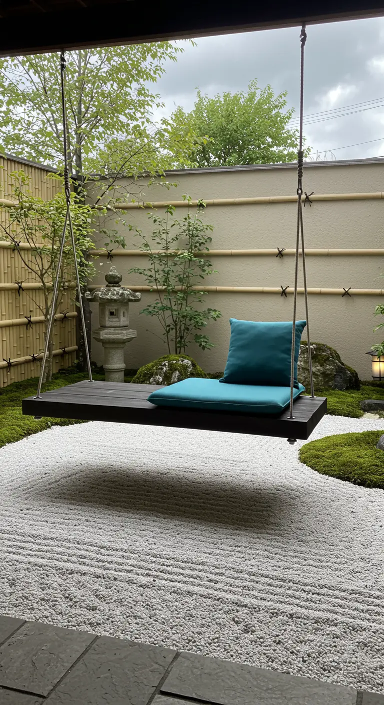 Minimalistische donkere houten schommel met een blauwgroen kussen in een Japanse zentuin met grind.