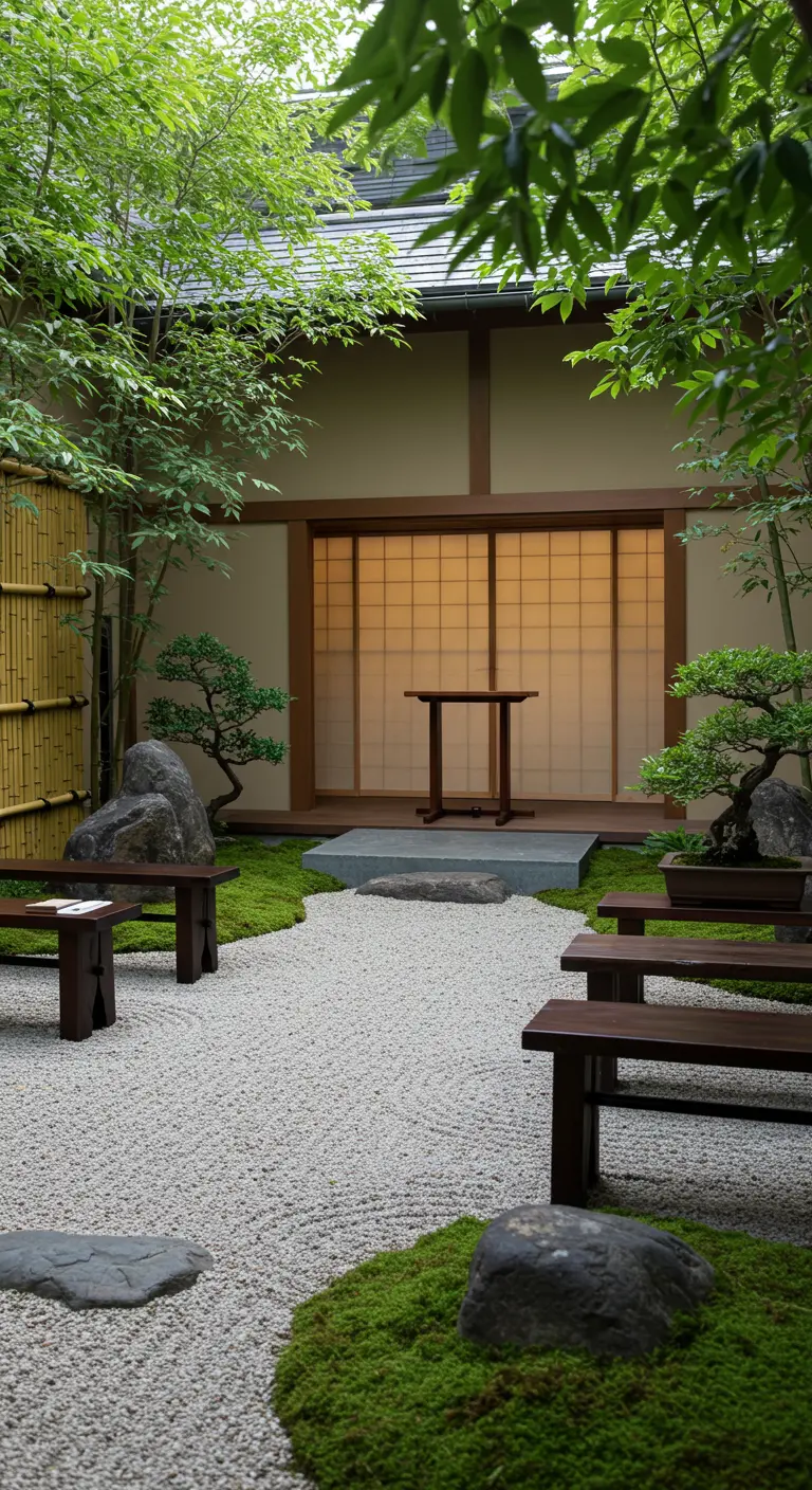 Minimalistische Japanse zentuin setting voor een bruiloftsceremonie met grind, mos en stenen.