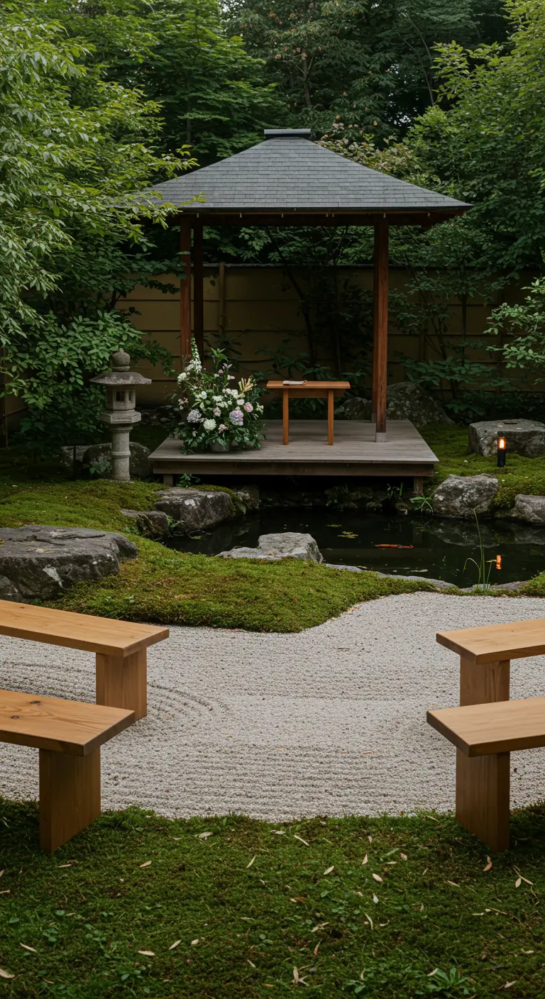 Minimalistische ceremonieopstelling in een Japanse tuin met houten bankjes en een enkel bloemstuk.