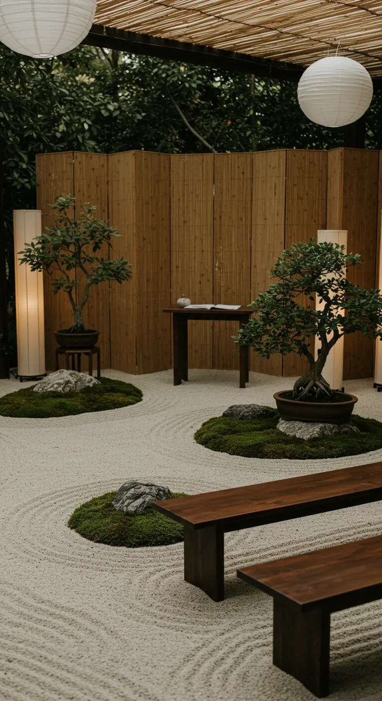 Minimalistische ceremonieopstelling met bonsai bomen, geharkt zand en houten banken.
