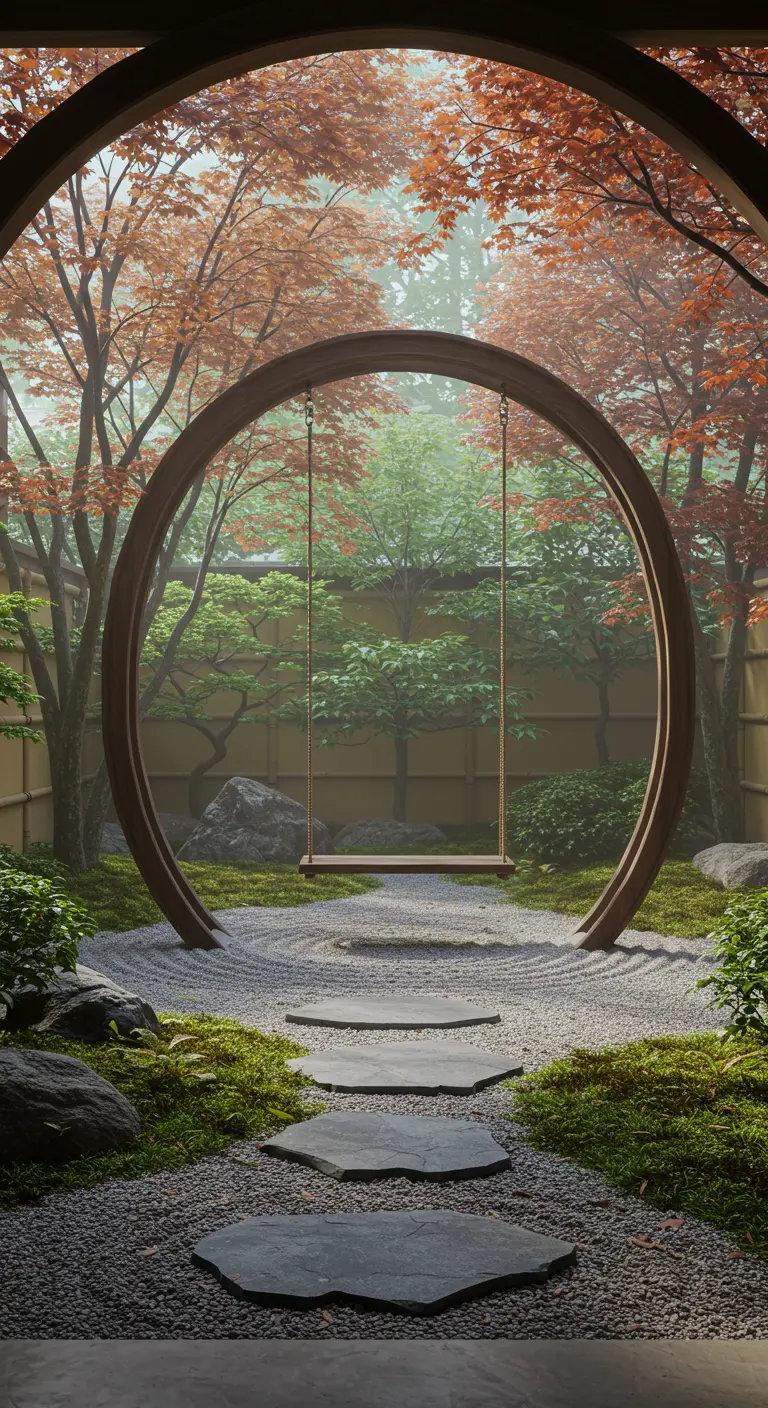 Houten schommel in een grote ronde houten boog in een Japanse tuin met grind en esdoorns.