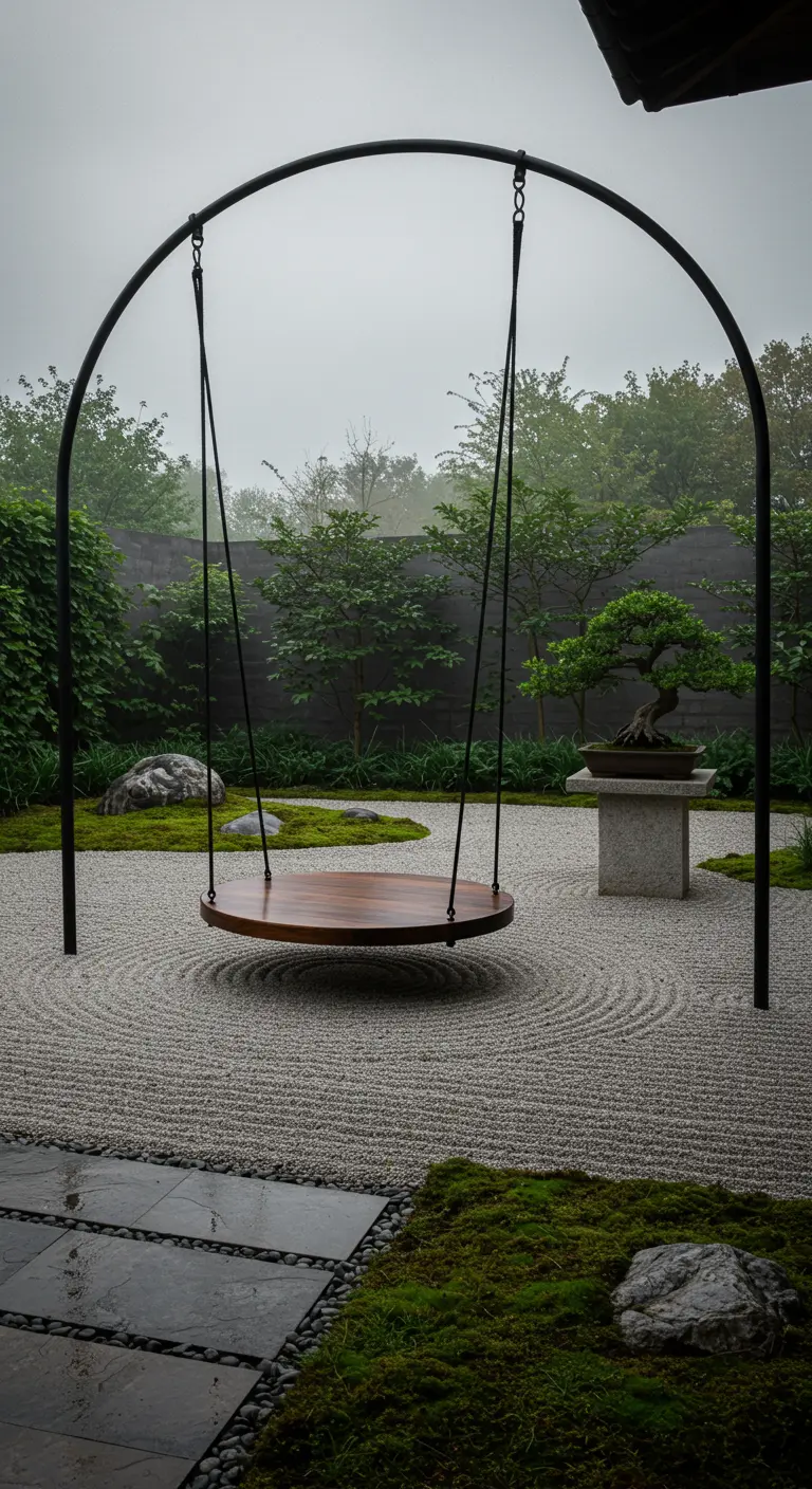 Ronde houten hangschommel in een minimalistische Japanse zentuin.