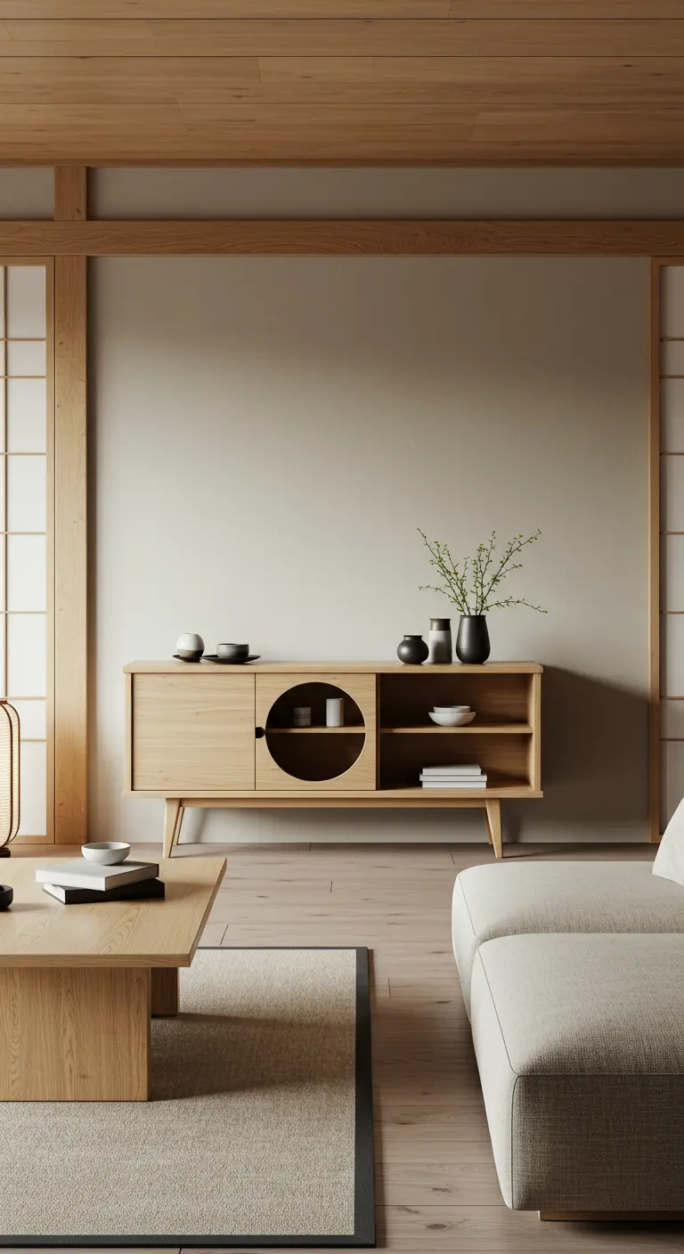 Japandi woonkamer met lichte houten kast met cirkeldetail, beige bank en lage tafel.