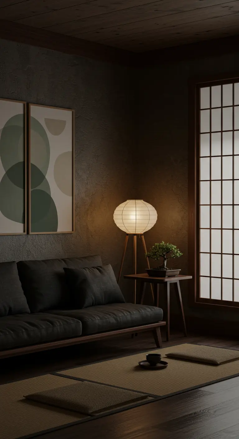 Donkere woonkamer in Japanse stijl met twee groene cirkelprints en een lantaarn.