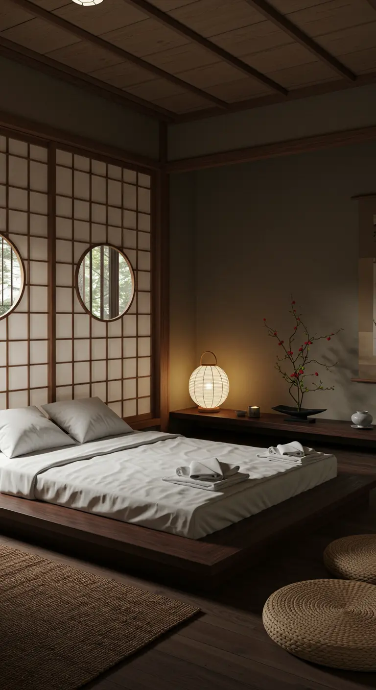 Japanse stijl slaapkamer met ronde uitsparingen in schermen en ronde lantaarn.