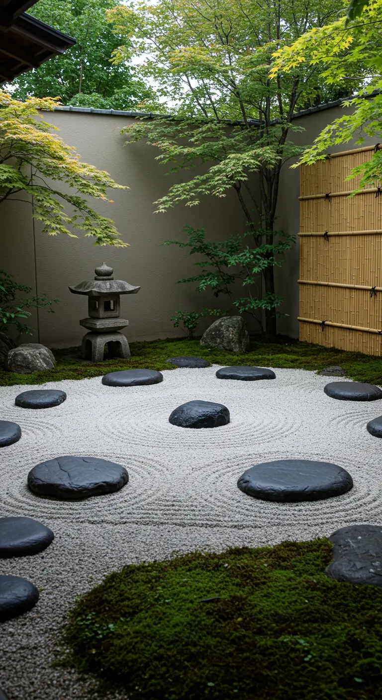 Japanse zentuin met ronde donkere stapstenen in geharkt wit grind, omgeven door mos en bomen.