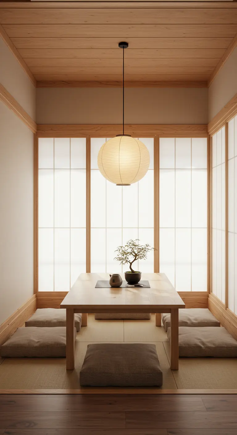 Japanse eethoek met lage houten tafel, vloerkussens, shoji-panelen en papieren lampionlamp.