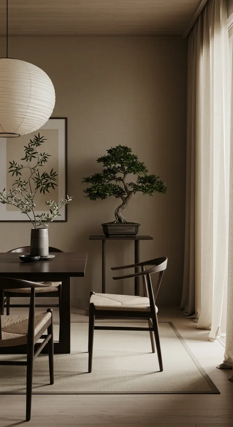 Rustige eetkamer met aardetinten, houten tafel, stoelen, een bonsai boom, Japanse papieren lamp en minimalistische kunst.