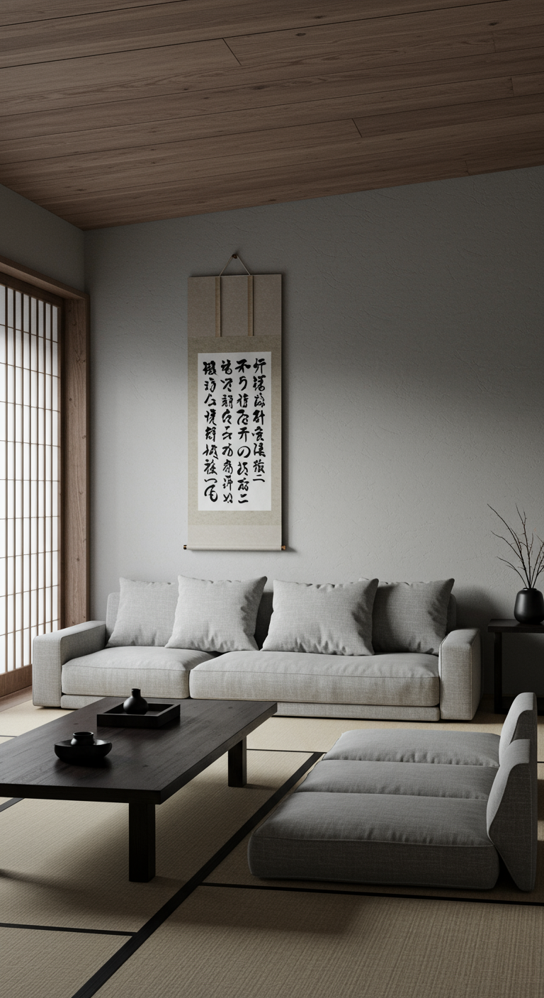Japanse stijl woonkamer met een hangende kalligrafierol aan de muur boven de bank.