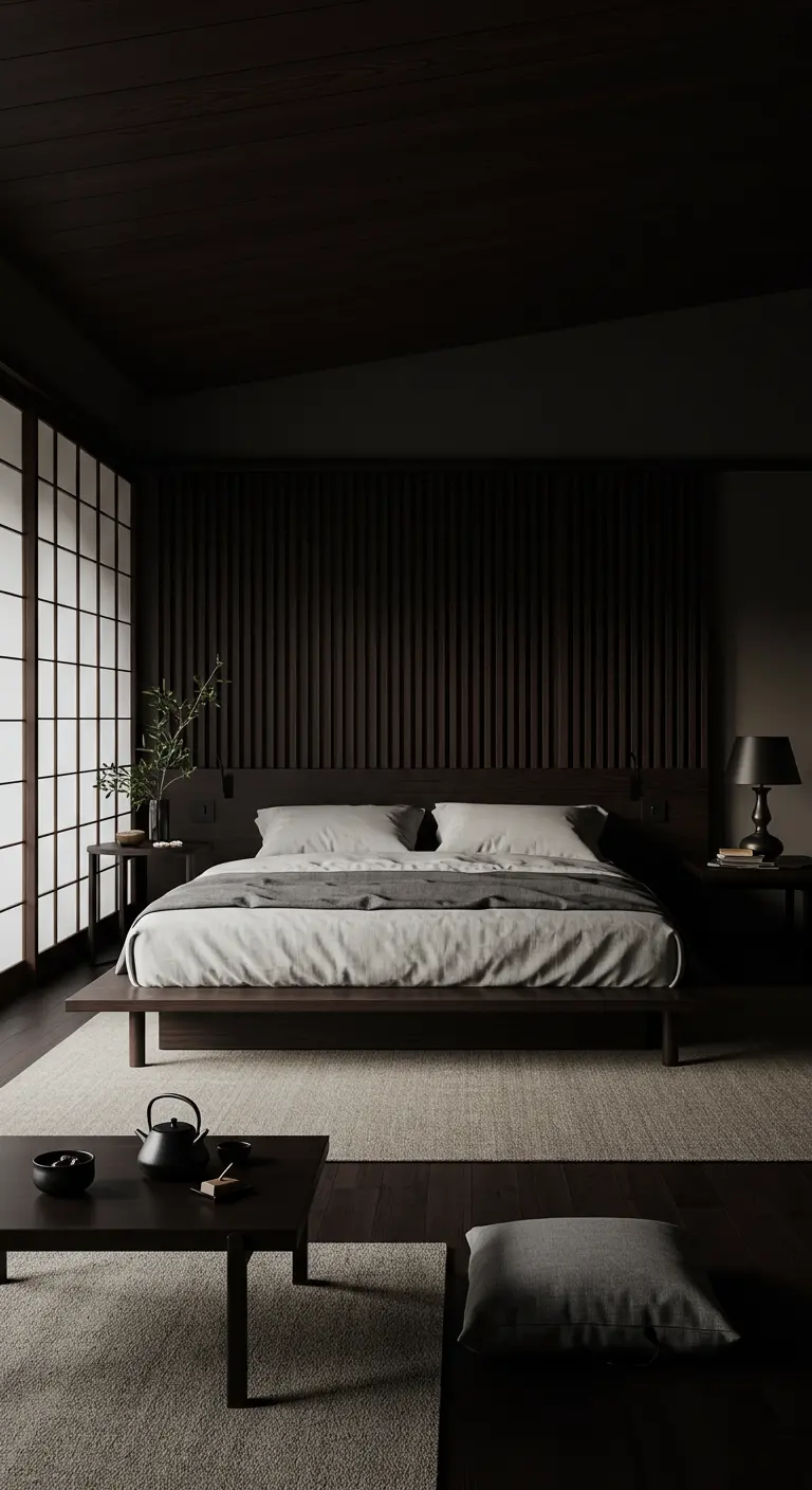Donkere slaapkamer met Japans design, houten lattenwand en shoji-raam.