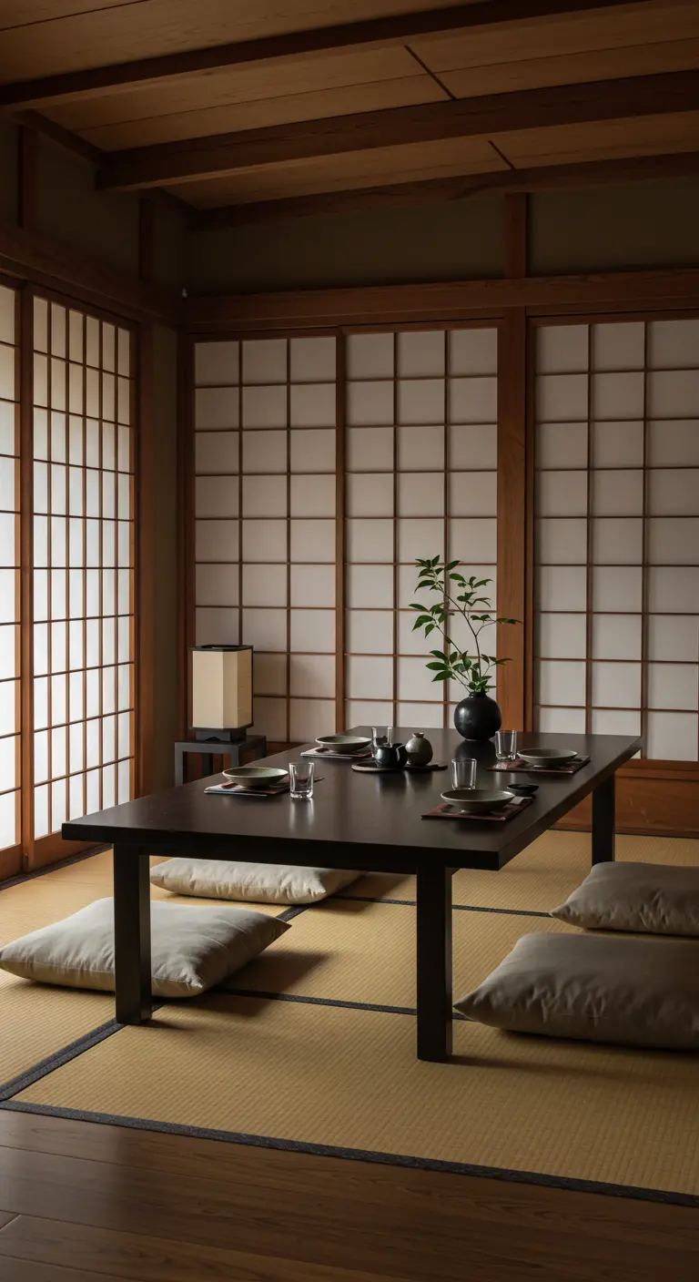 Japanse eethoek met lage tafel, vloerkussens en shoji schermen.