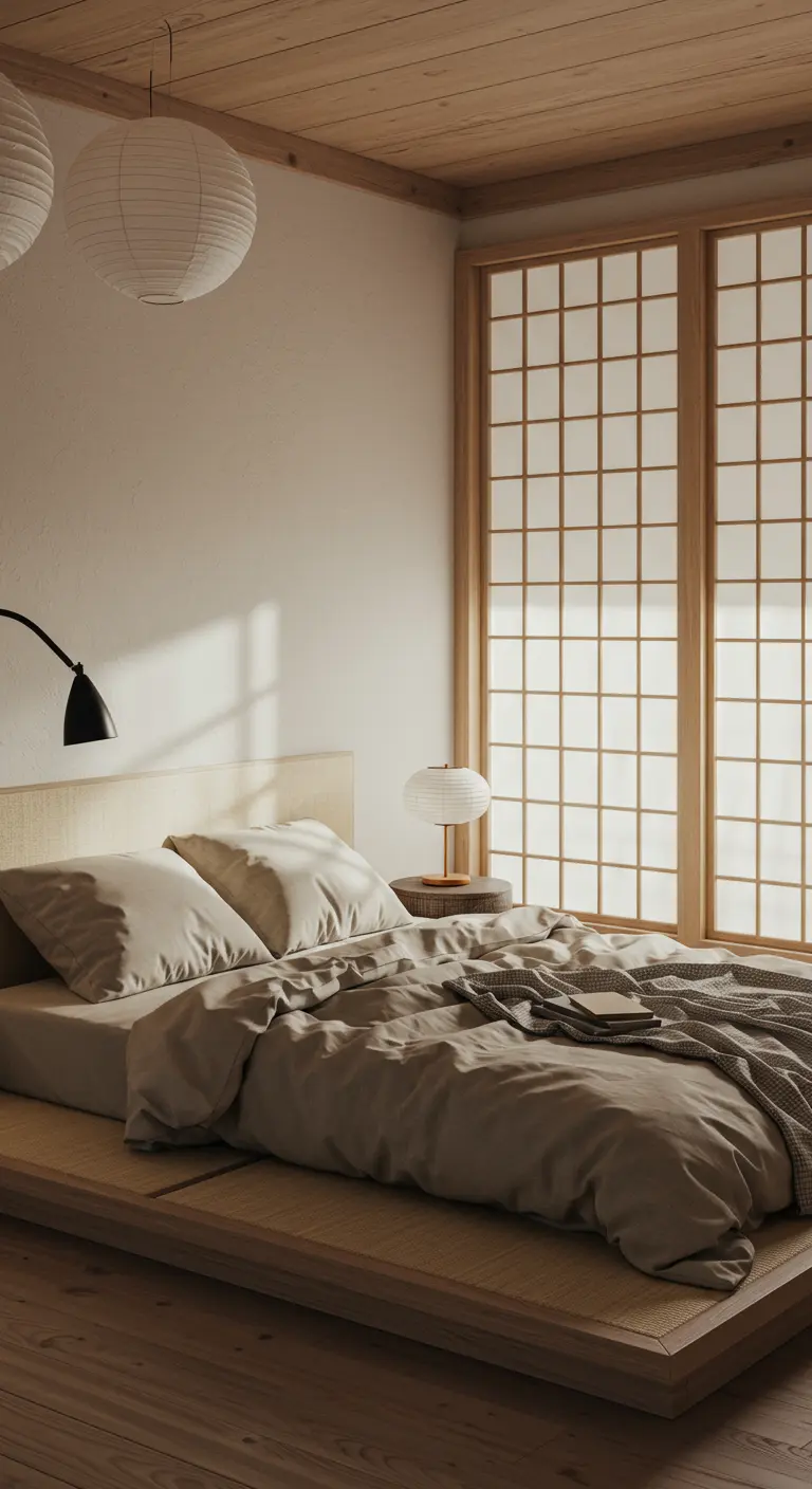 Laag bed in Japandi-stijl met beige linnen, tatami-mat en papieren hanglampen.