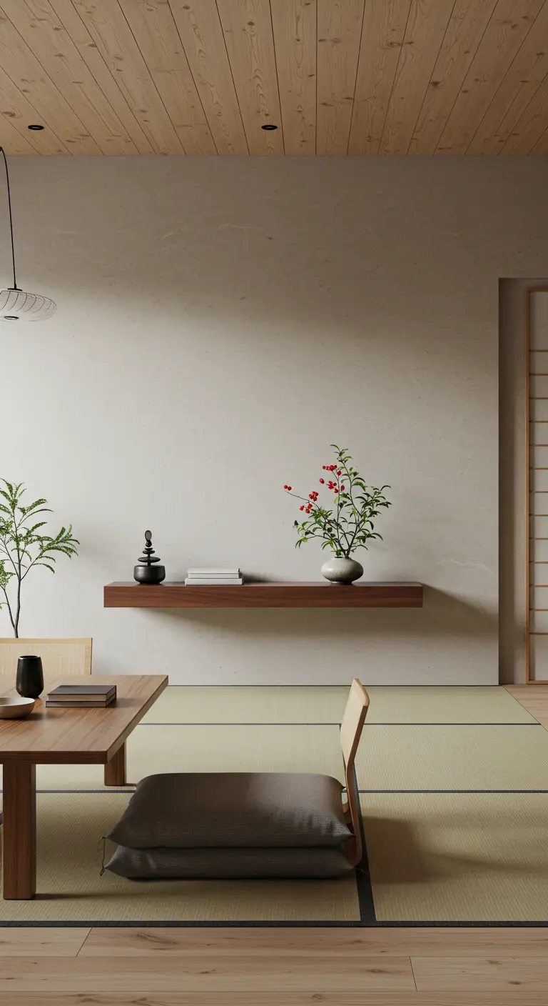 Minimalistische woonkamer in Japandi-stijl met een zwevende houten plank met enkele decoraties.