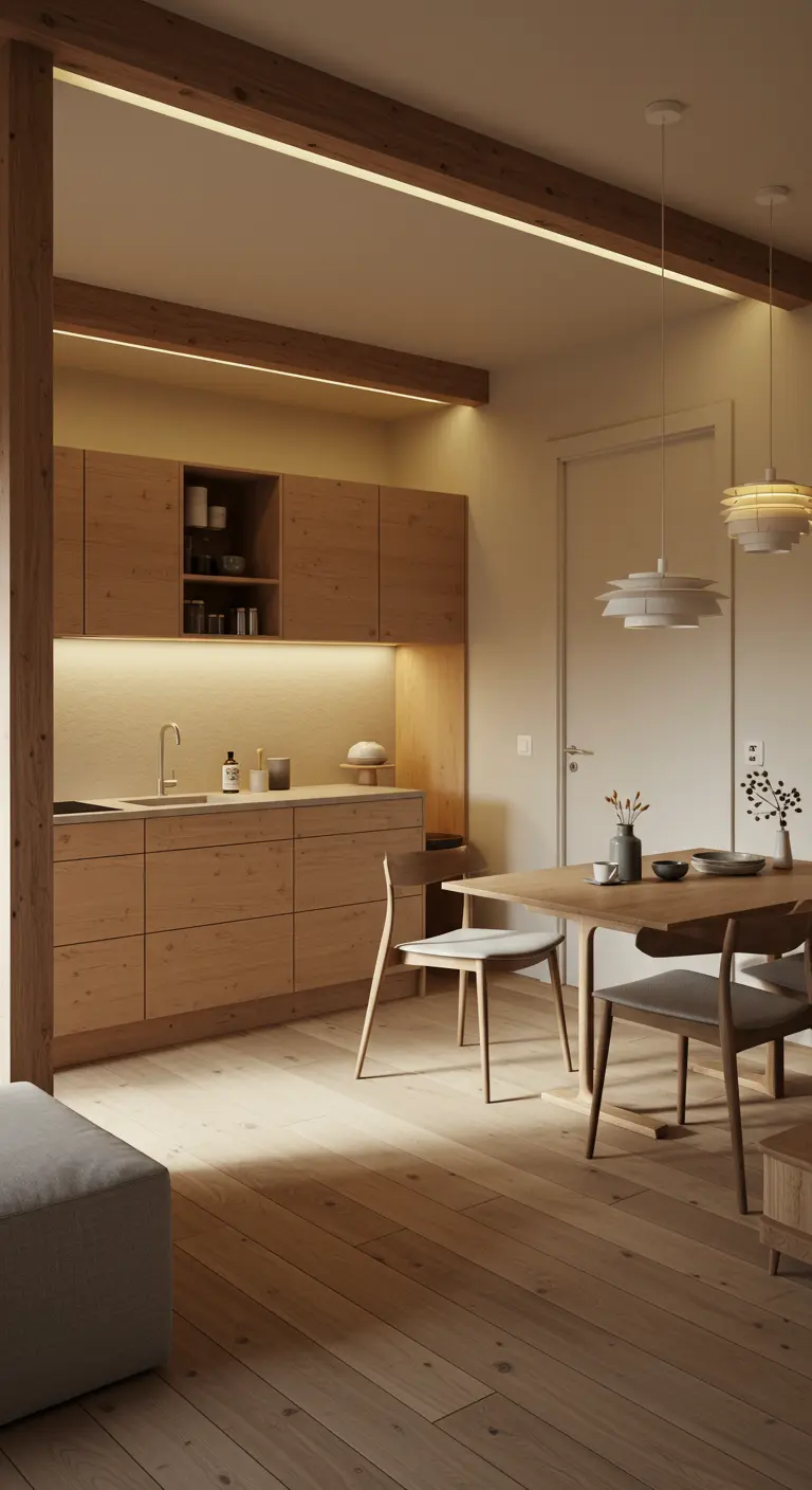 Minimalistische houten open keuken met indirecte verlichting en houten eethoek.