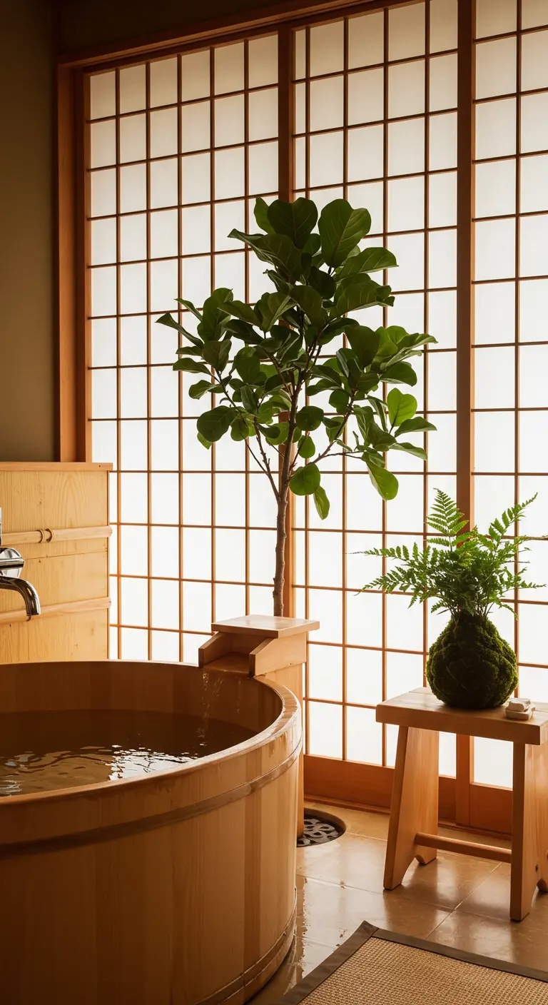 Vioolbladplant en kokedama varen in een serene, Japans geïnspireerde badkamer met houten bad.