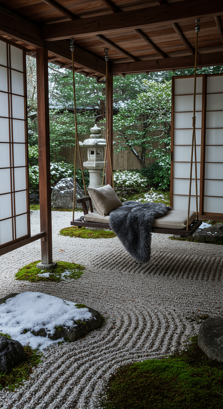 Overdekte schommelbank met donkere vacht in een serene Japanse tuin met grind, mos en sneeuw.