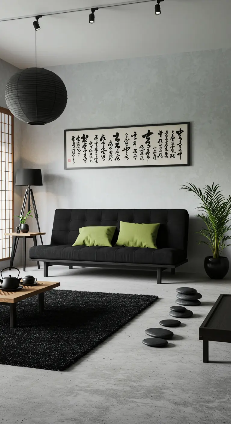Japanse geïnspireerde woonkamer met zwarte futonbank, groene kussens en papieren lamp.