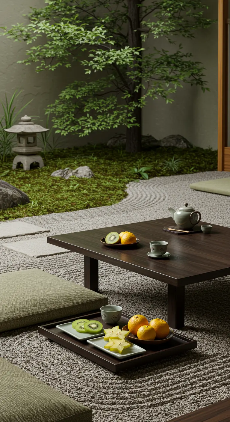 Zen tuin met lage houten tafel, kiwi, sinaasappel en theeservies op een dienblad.