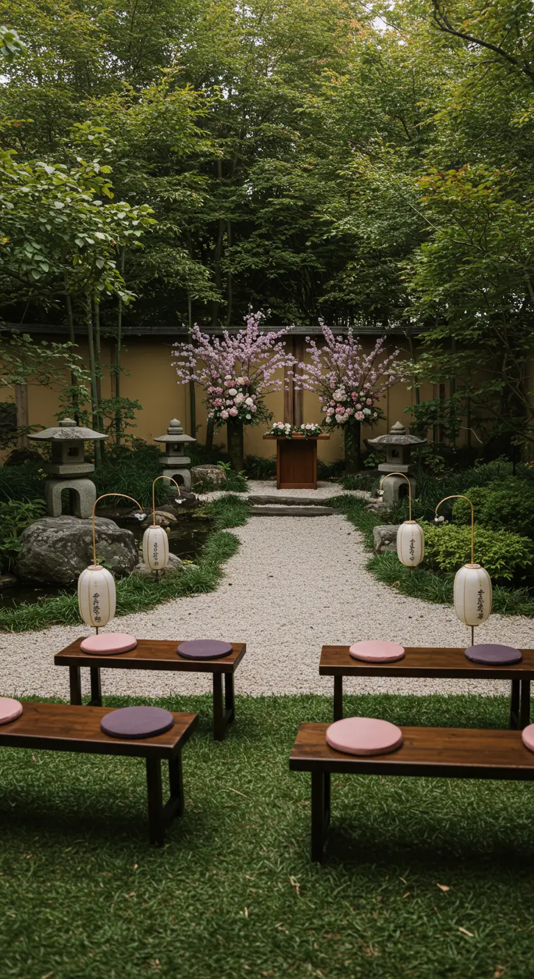 Japanse tuin ceremonie met kersenbloesem, lantaarns en houten bankjes.