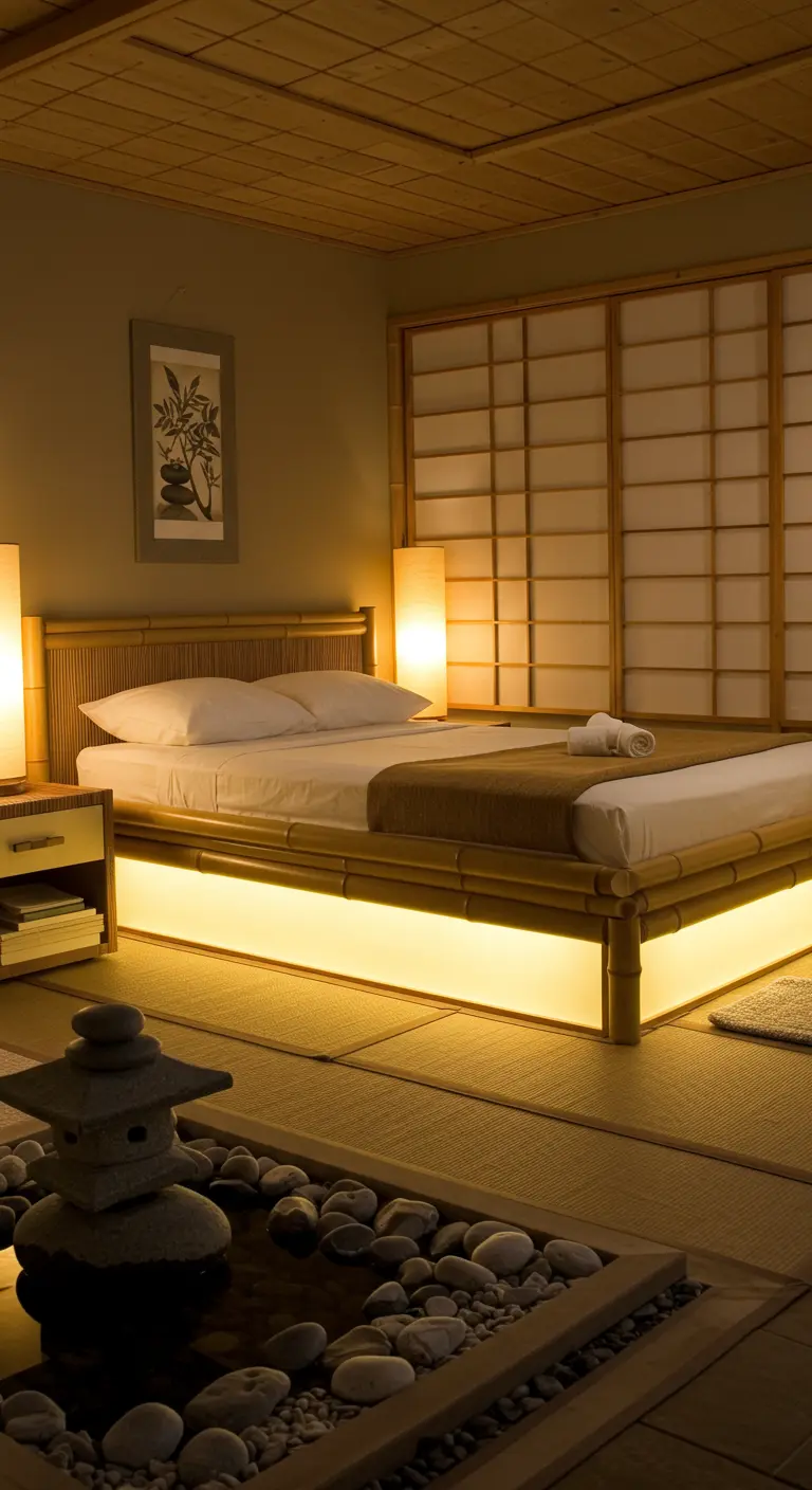Japanse slaapkamer met bamboe bed, tatami matten, mini zen-tuin en warme onderbedverlichting.