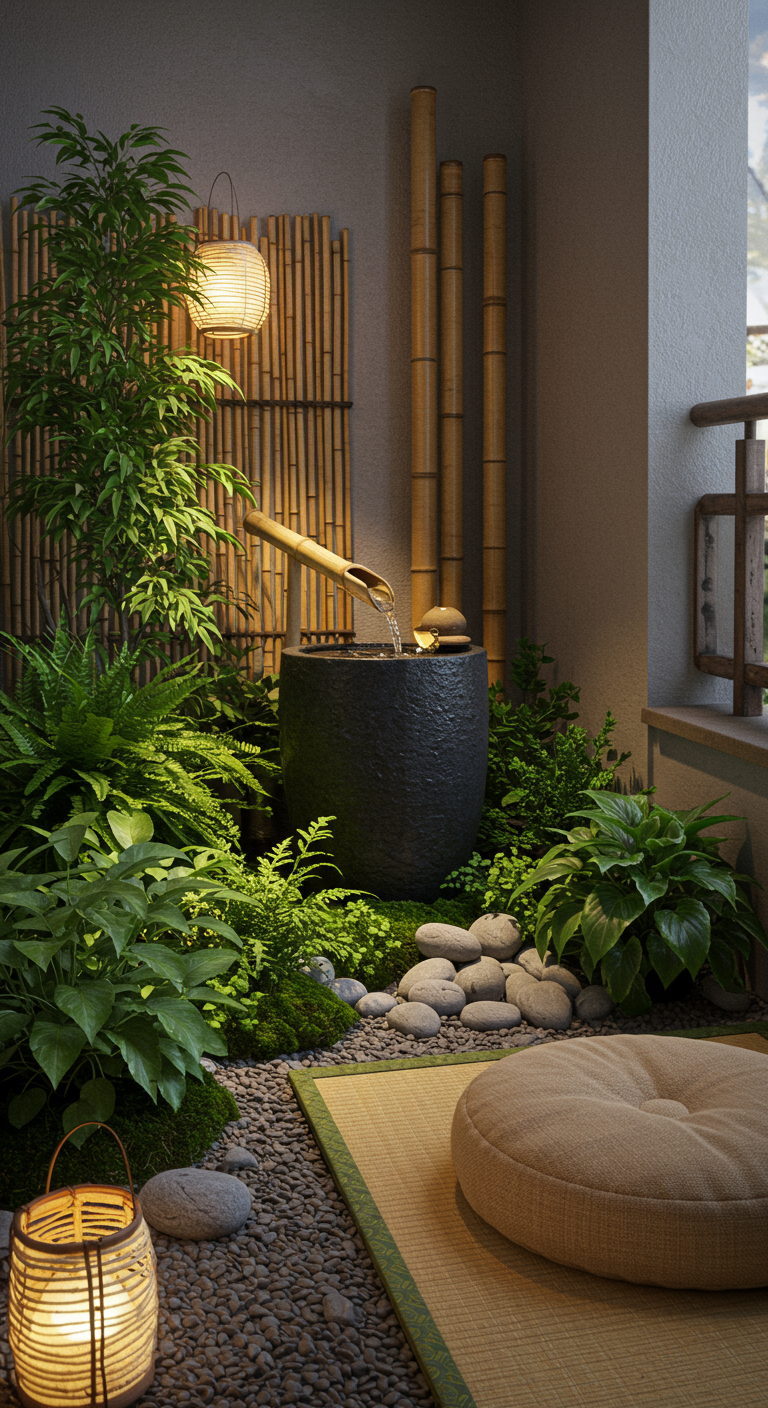 Balkon in Japanse stijl met bamboe waterornament, stenen, lantaarns en groene planten.