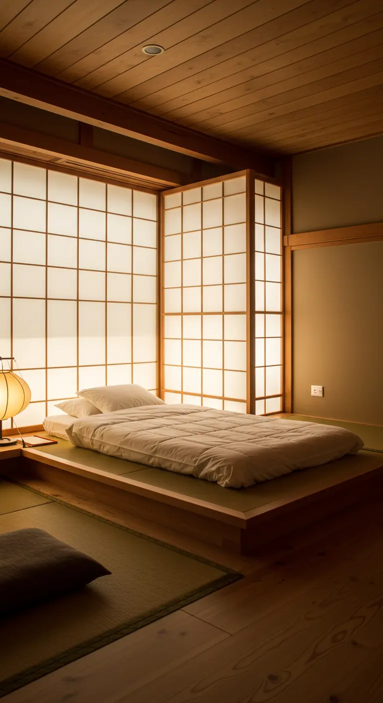 Japanse slaapkamer met bed op tatami matten en Shoji schermen met achtergrondverlichting.