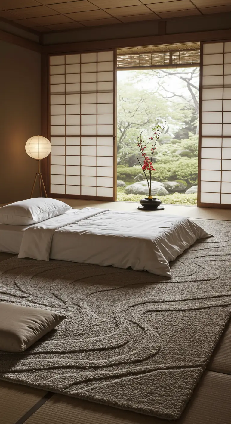 Japandi-stijl slaapkamer met een beige vloerkleed met organische, golvende lijnen.