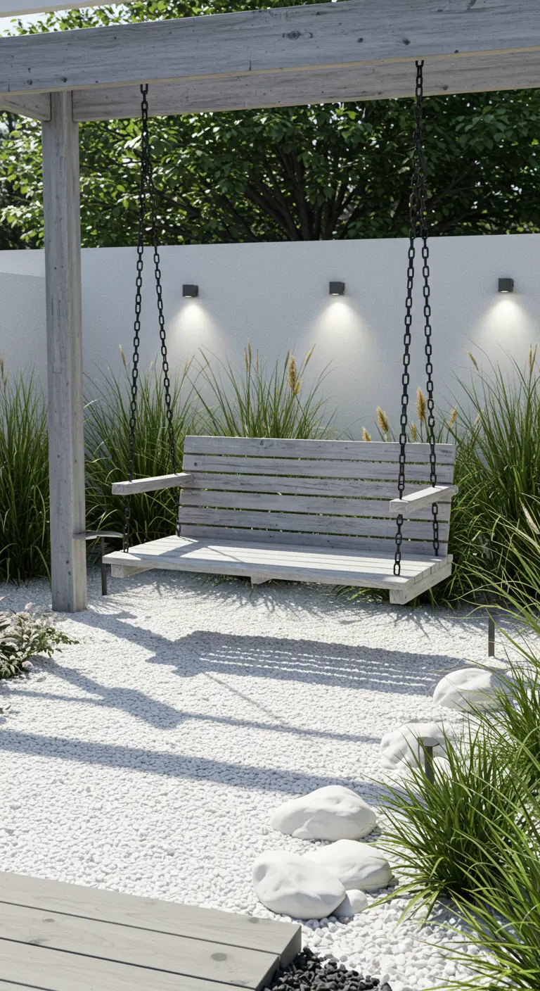 Moderne houten schommelbank boven witte grindtuin met planten en muurverlichting.