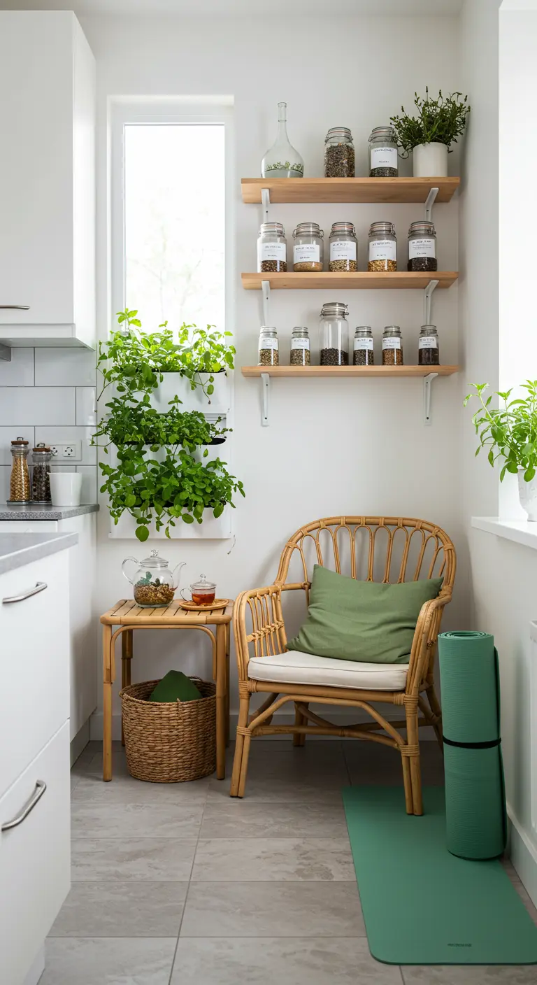 Licht theehoekje met rotan stoel, kruidenrekjes aan de muur en yogamat.