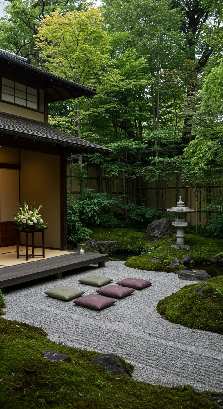 Serene Japanse tuin met grind, mos, stenen lantaarn en zitkussens.