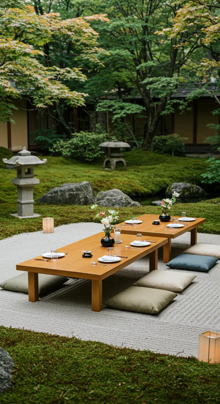 Lage houten tafels met kussens op grind in serene Japanse tuin.