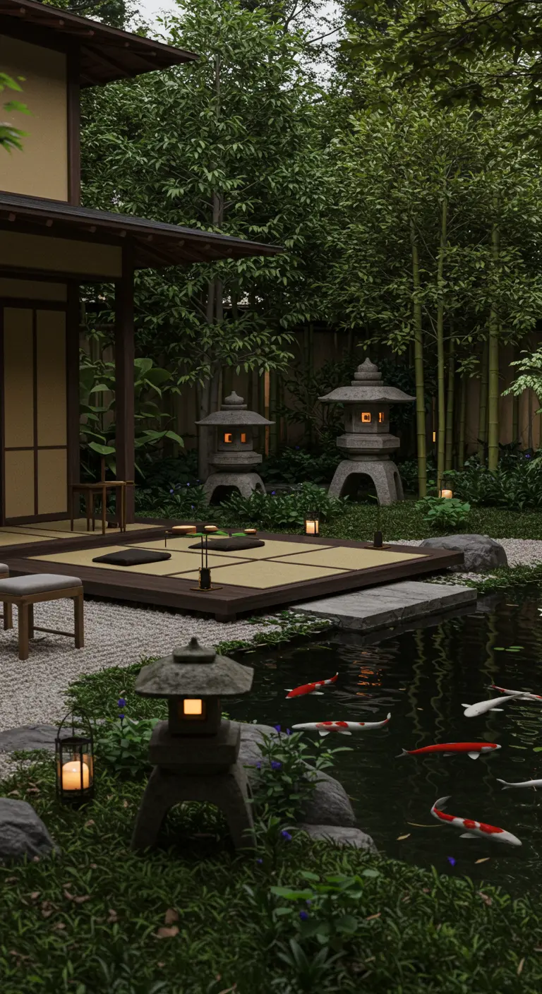Serene ceremonieplek in Japanse tuin met koivijver en stenen lantaarns.