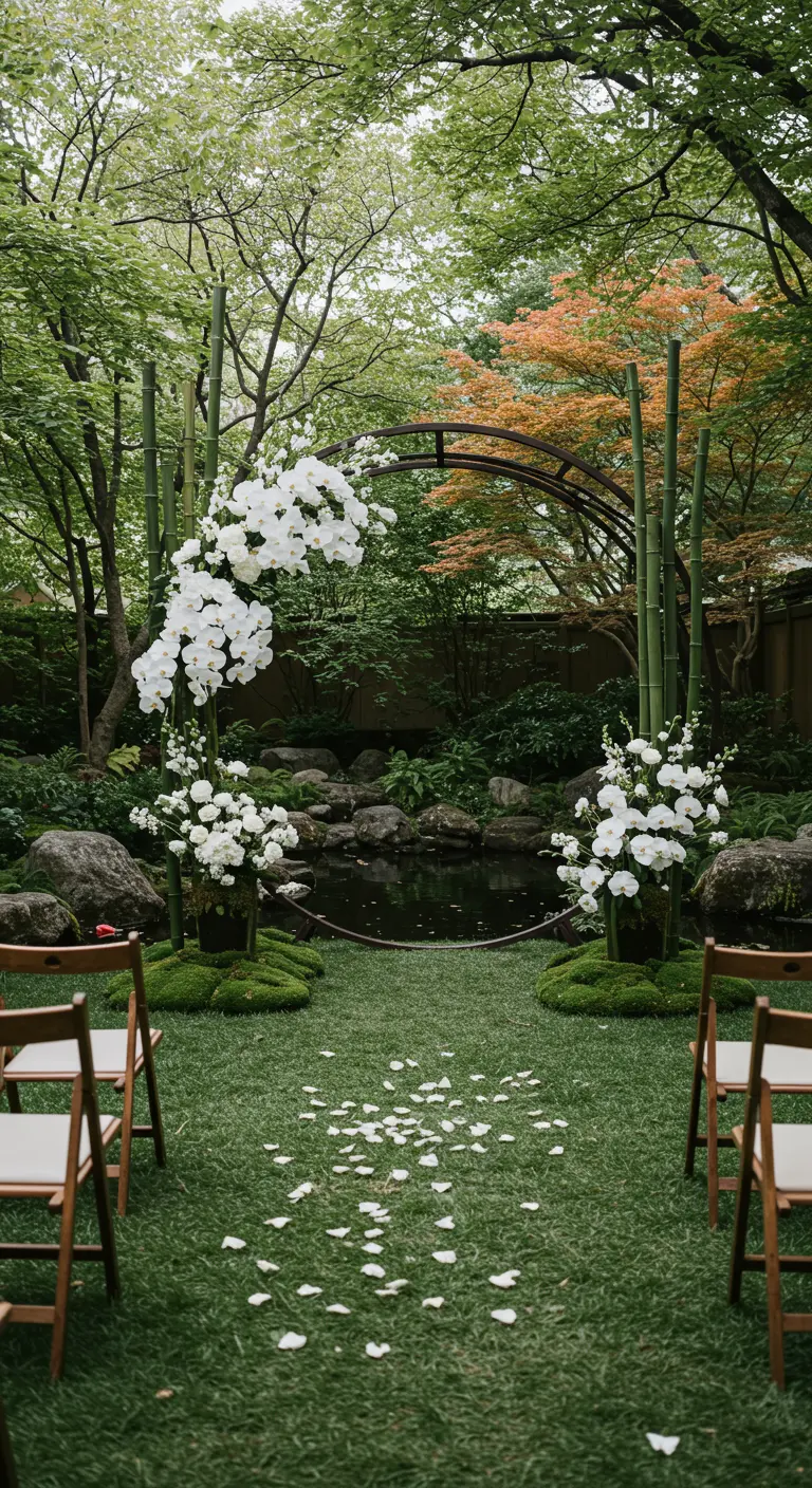 Minimalistische Japanse stijl boog met witte orchideeën en bamboe bij een vijver.