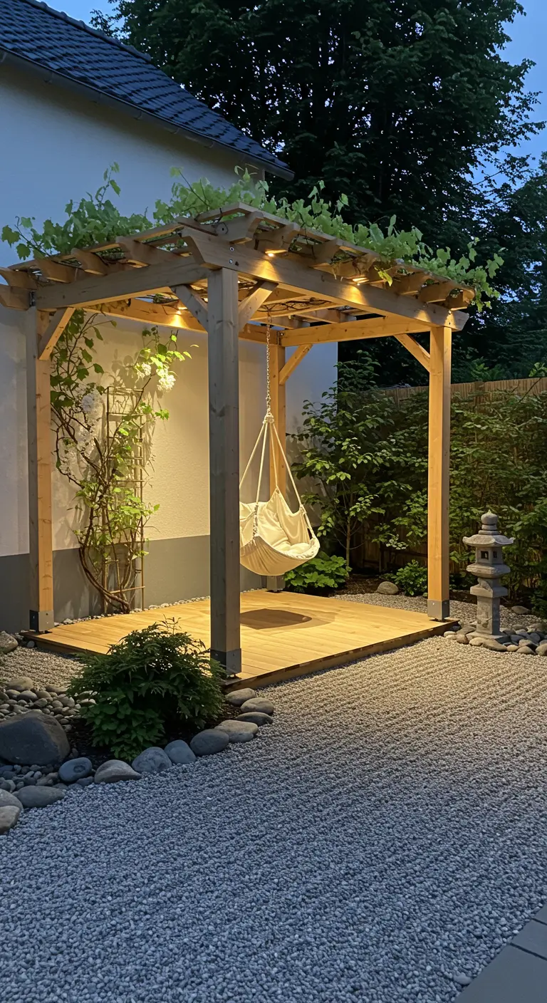 Houten pergola met hangmatstoel, grindtuin met stapstenen en subtiele avondverlichting.