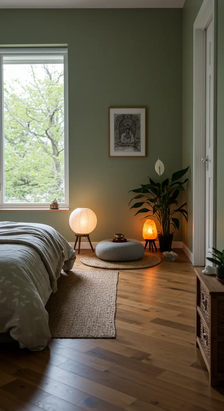 Meditatiehoek in slaapkamer met groene muur, poef, lage lampen en grote plant.