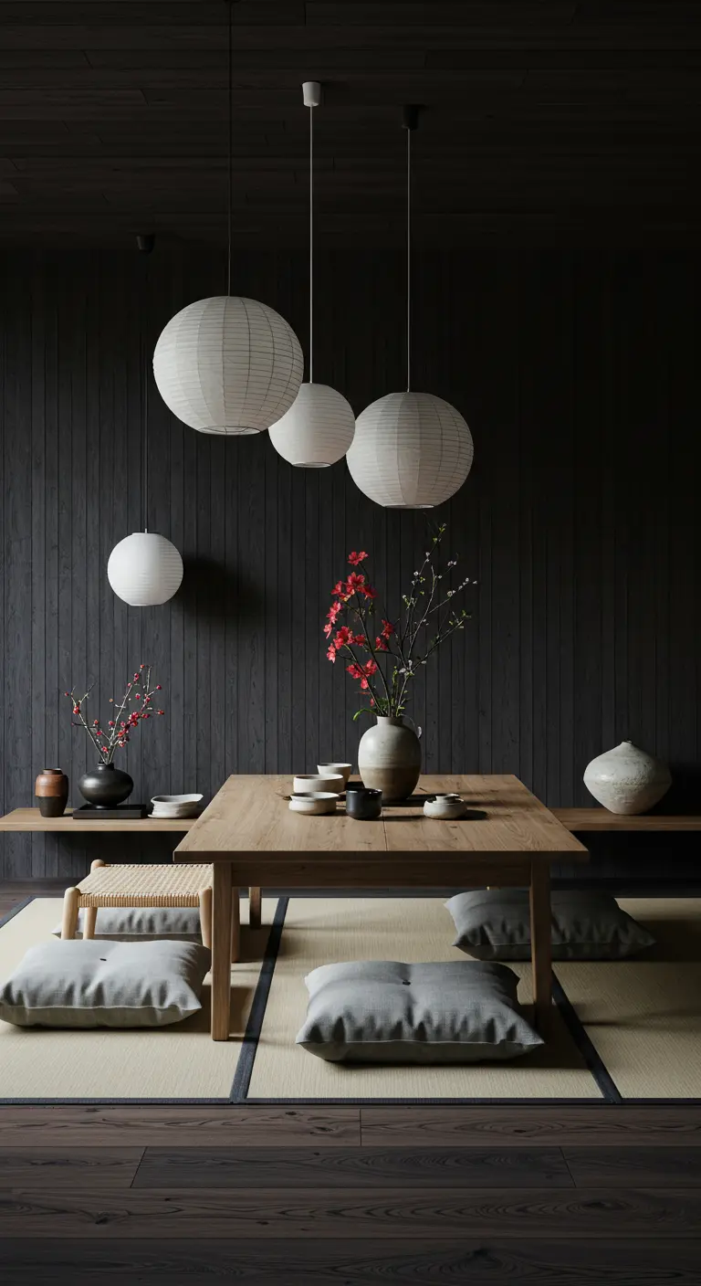 Japandi-stijl eetkamer met donkere houten wandpanelen en lage tafel.