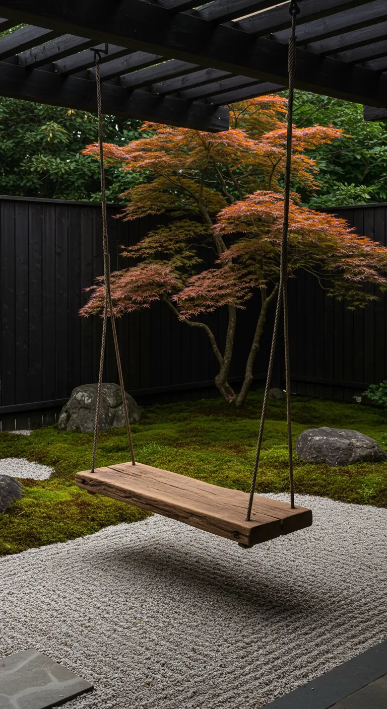 Eenvoudige houten schommelplank in een serene Japanse tuin met grind en esdoorn.