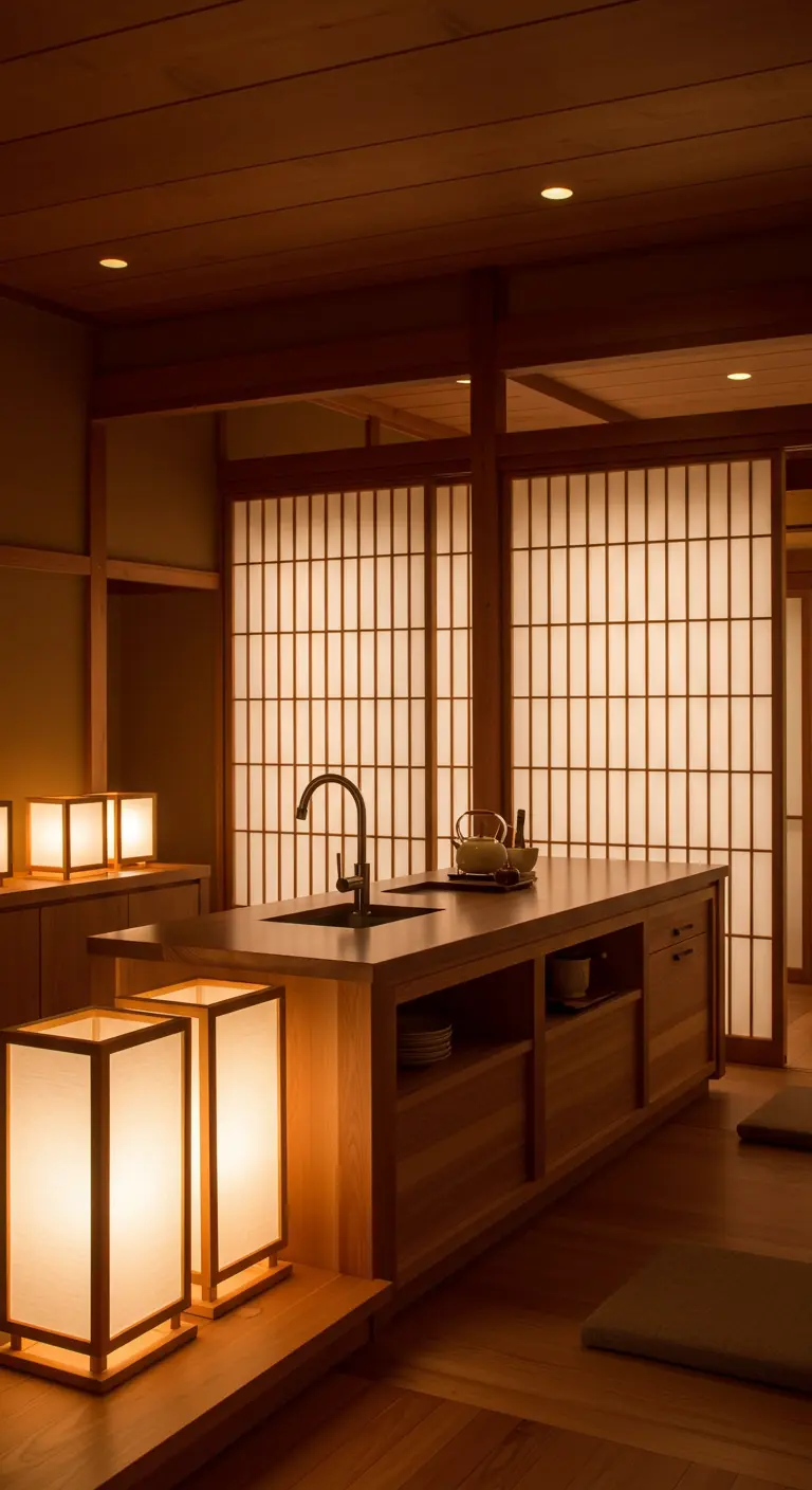 Japanse stijl keuken met vierkante lantaarnlampen op de vloer en het kookeiland.