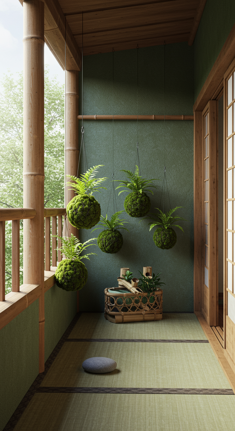 Japans balkon met vier hangende kokedama mosballen en bamboe elementen.