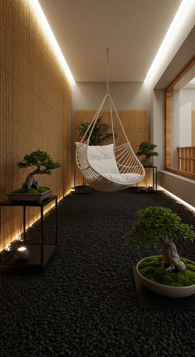 Serene balkon met witte hangstoel, bamboe wand, bonsaiboompjes en zwarte kiezels.