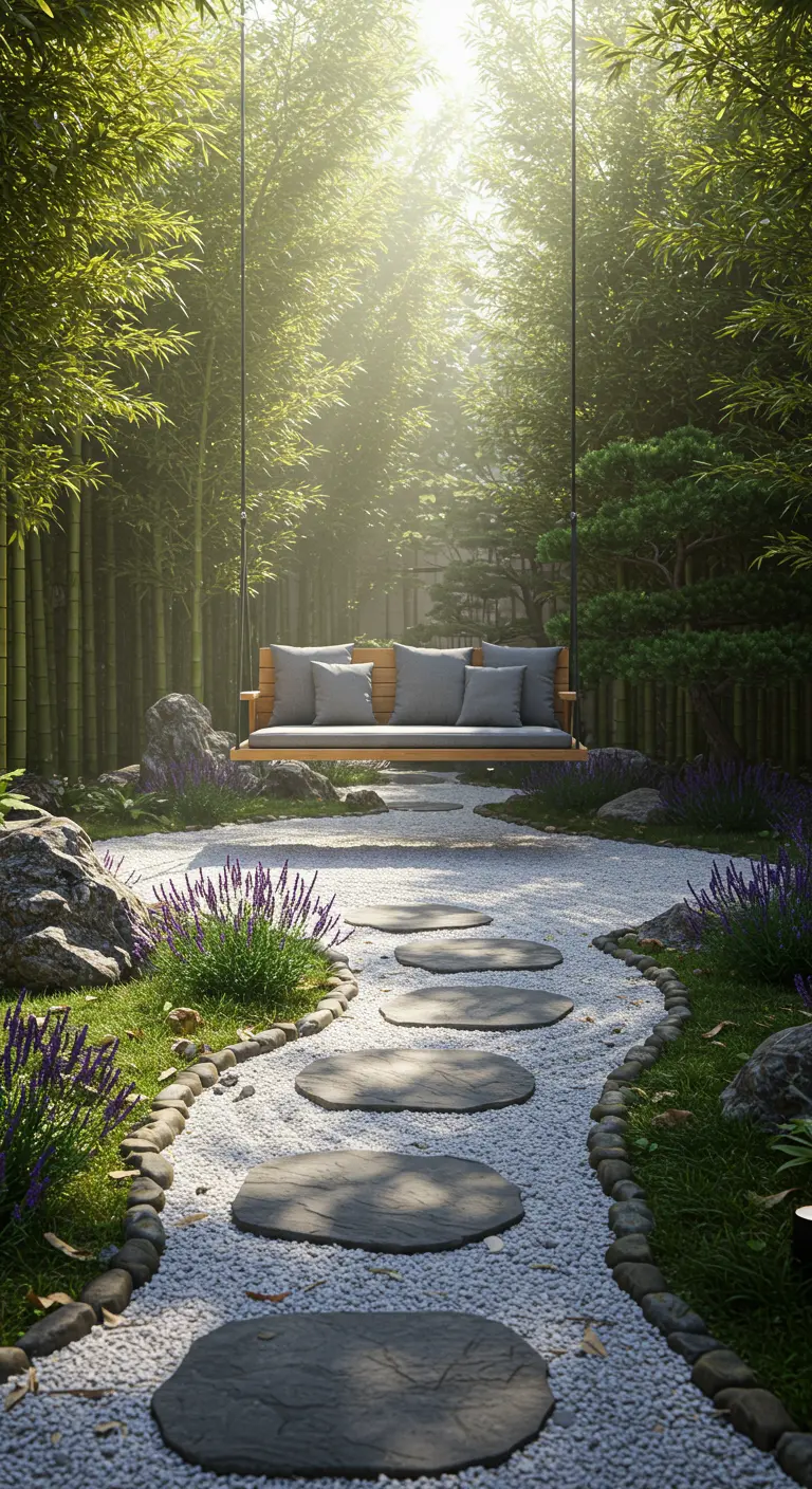 Houten schommelbank in zen-tuin met bamboe, stapstenen op grindpad en lavendel.