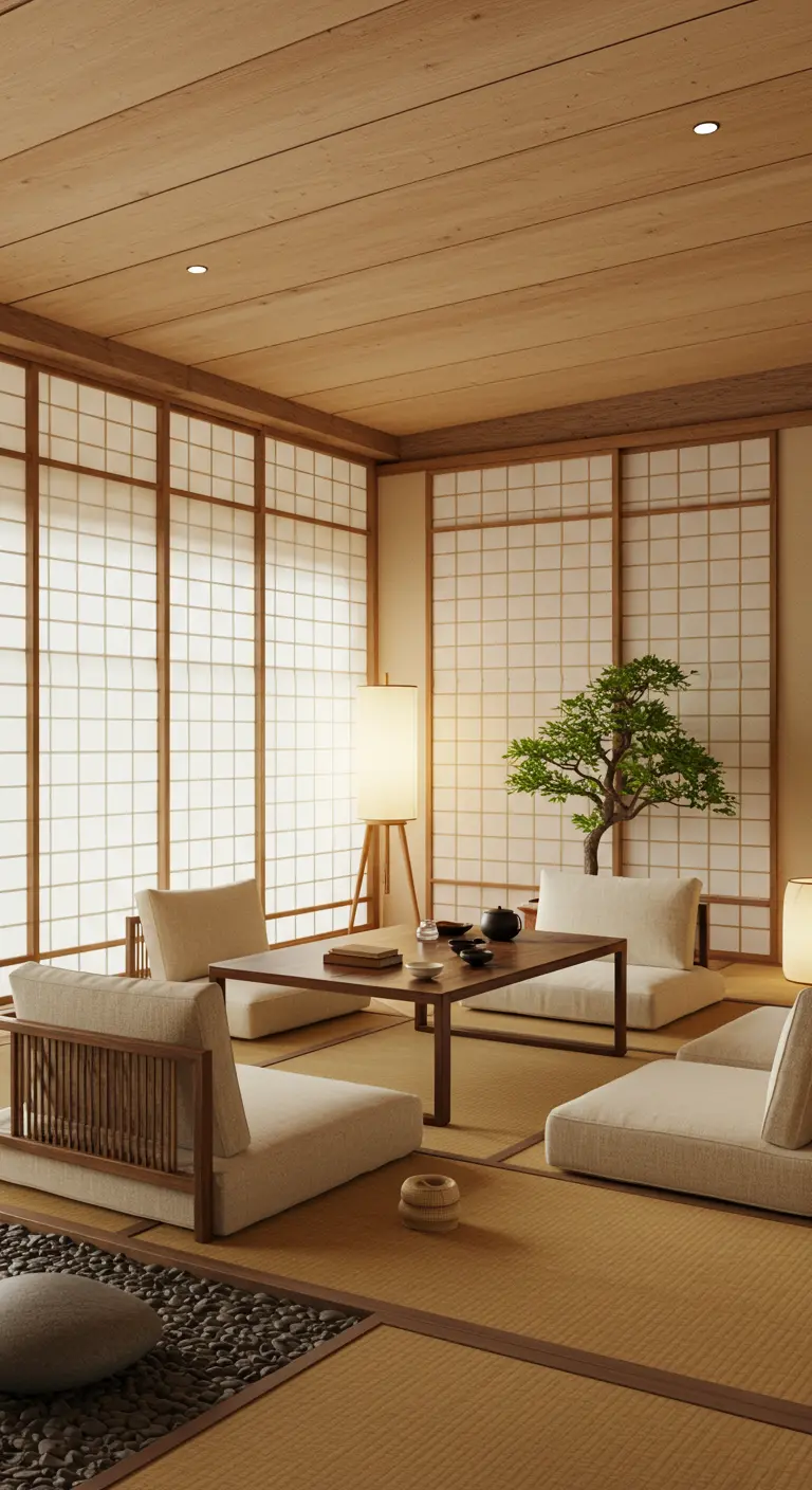 Japanse woonkamer met tatami matten, lage zithoek, houten schermen en bonsai boom.